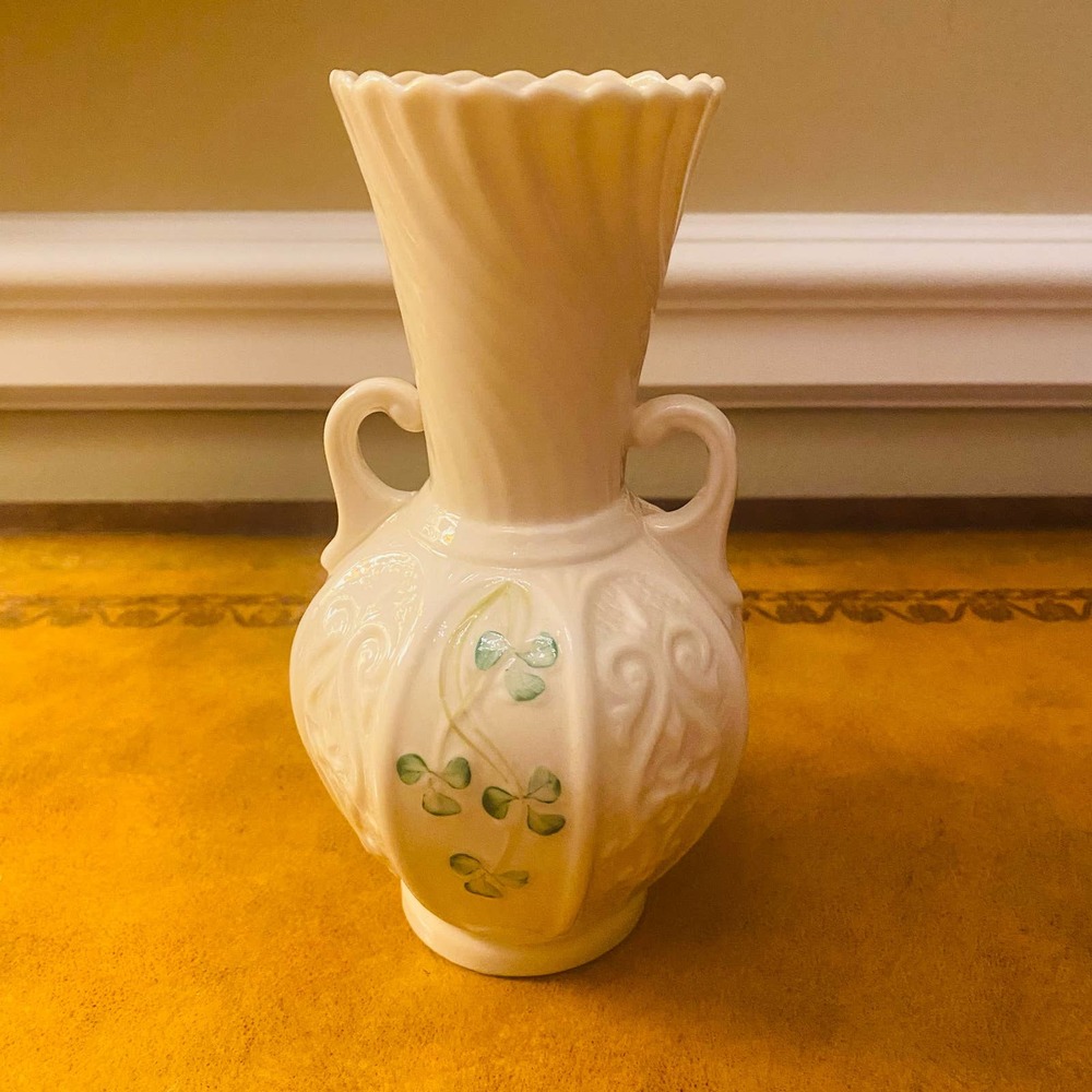 Belleek Ireland Shamrock Celtic Vase with Harp Shaped Twin Handles 1980s